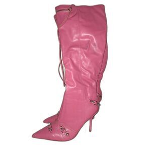 Fashion Nova Women's Pink Knee High Boots Vegan Leather Stiletto Heels 11 READ